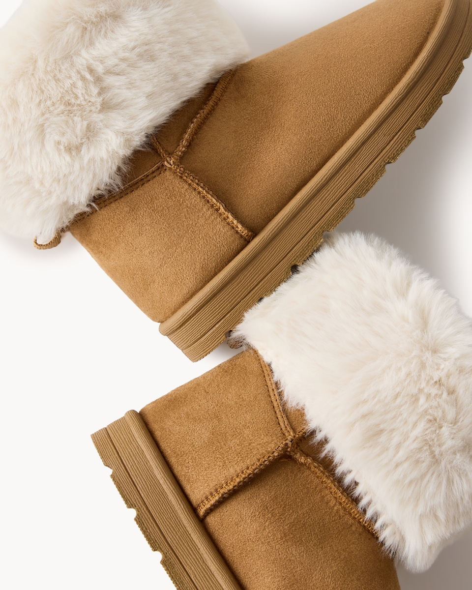 image 1 of F&F Girls Faux Fur Lined Cuffed Slipper Boots in Tan