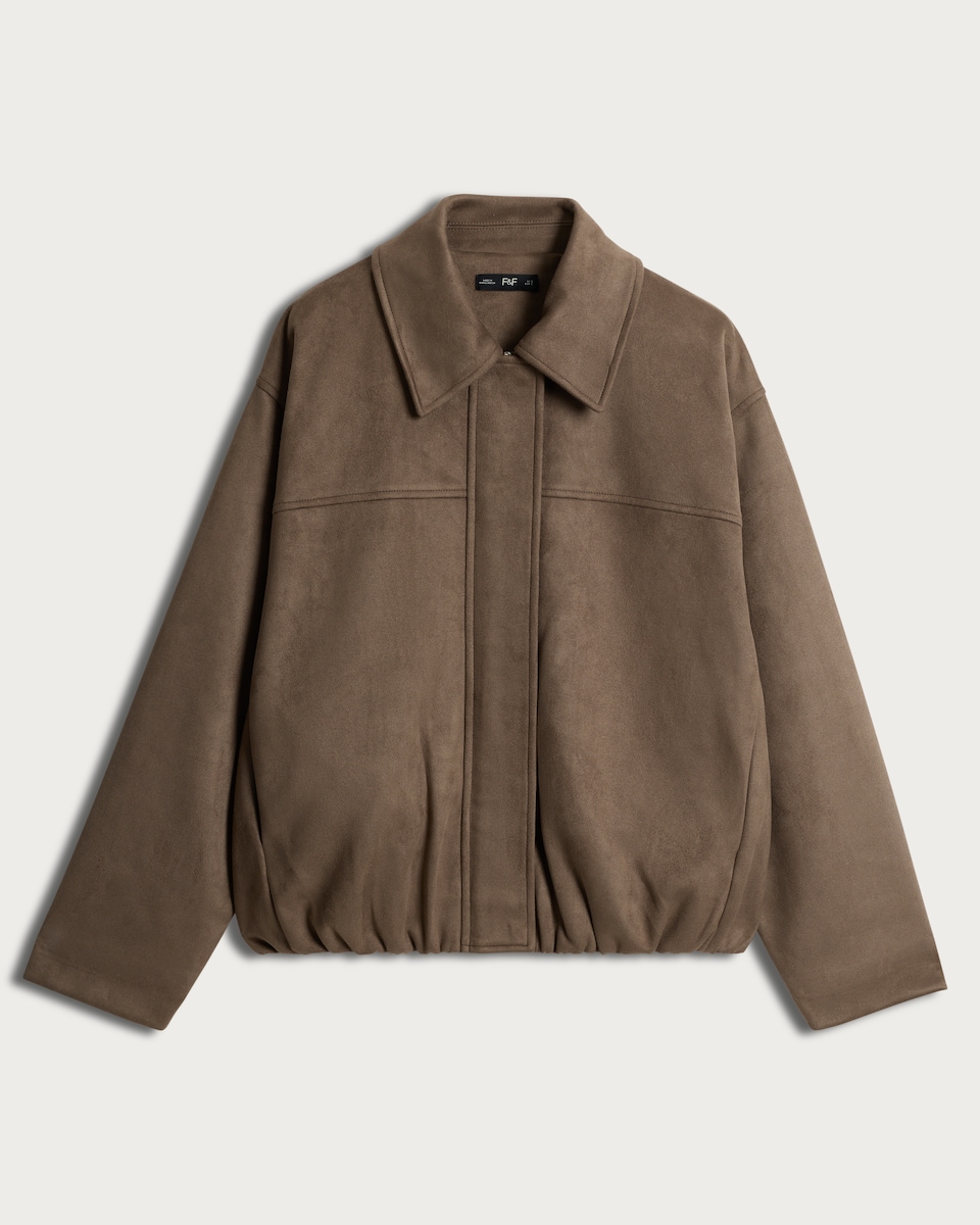 image 1 of F&F Faux Suede Bubble Hem Zip Up Jacket in Khaki