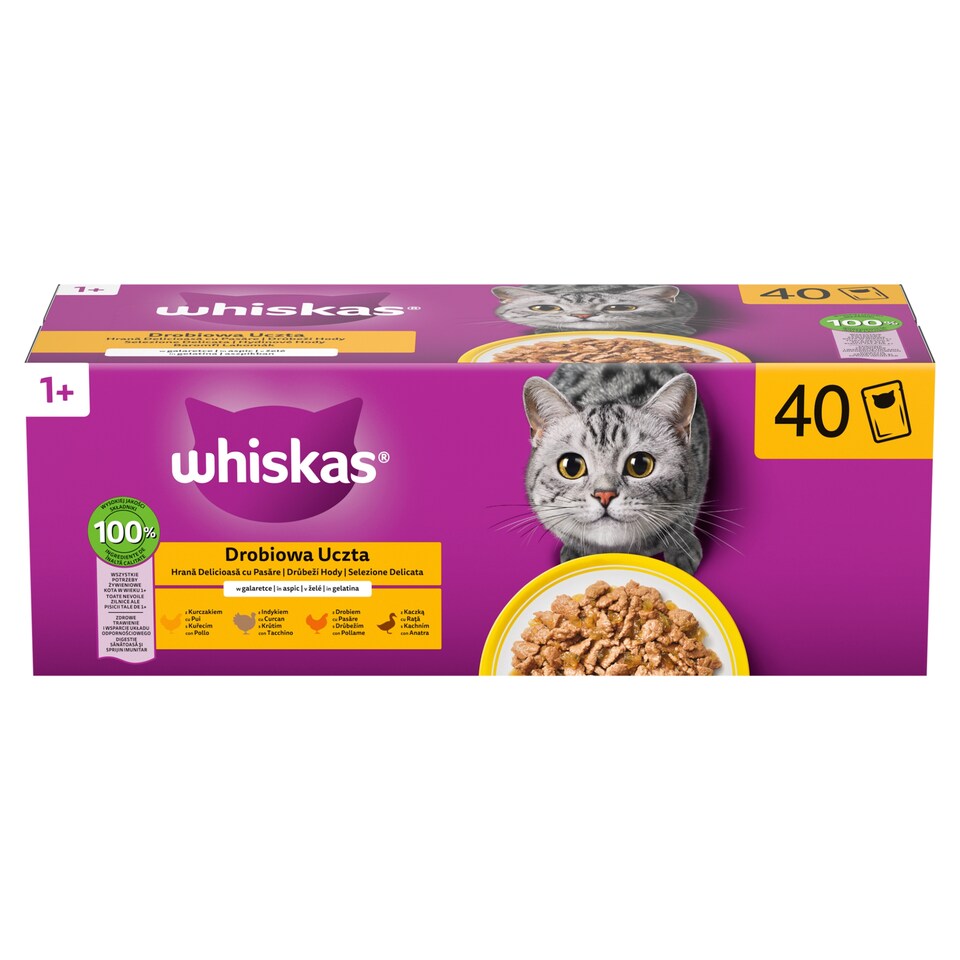 Whiskas 1+ Baromfi Lakomák teljes értékű nedves eledel felnőtt macskáknak 40 x 85 g (3,4 kg)