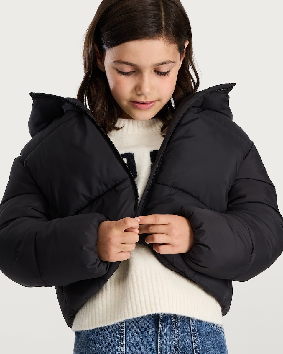image 1 of F&F Girls Cropped Hooded Shower Resistant Puffer Jacket in Black