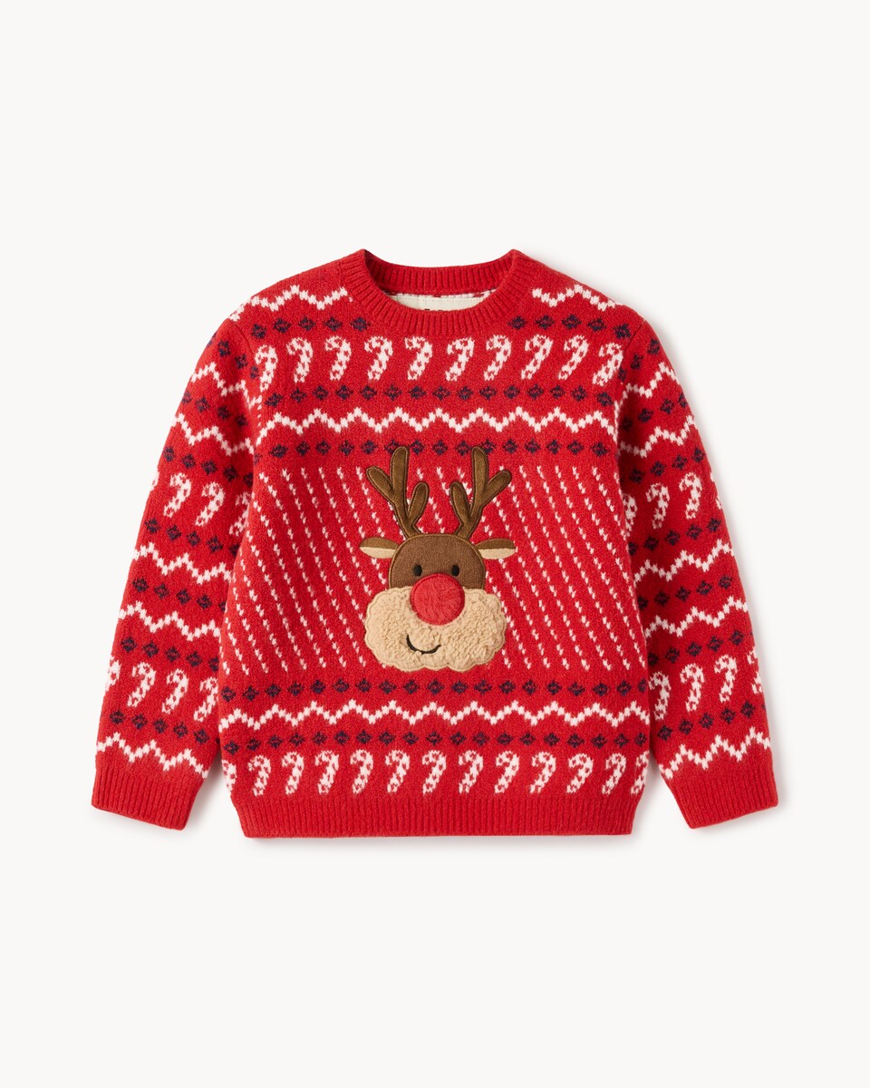 image 1 of Christmas Boys Reindeer Jumper in Red