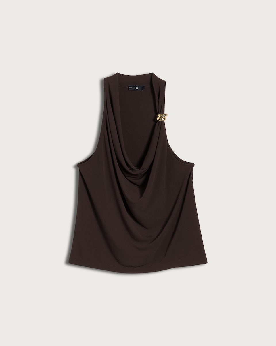 F&F Cowl Neck Metal Accent Sleeveless Top in Chocolate