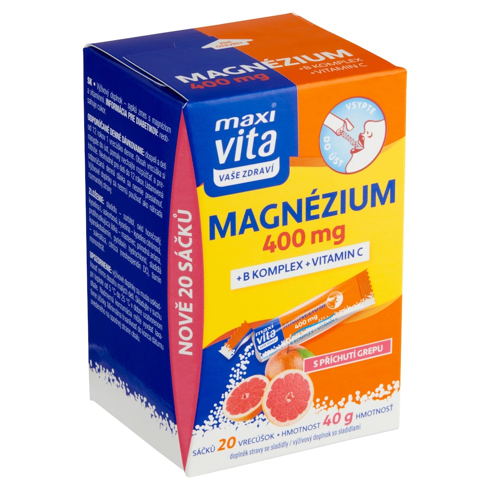 Obrázek 1 pro produkt Maxi Vita Vaše Zdraví Magnézium 400 mg + B komplex + vitamin C s příchutí grepu 20 sáčků 40g