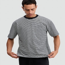 F&F Pure Cotton Heavyweight Stripe Print T-Shirt in Grey Marl