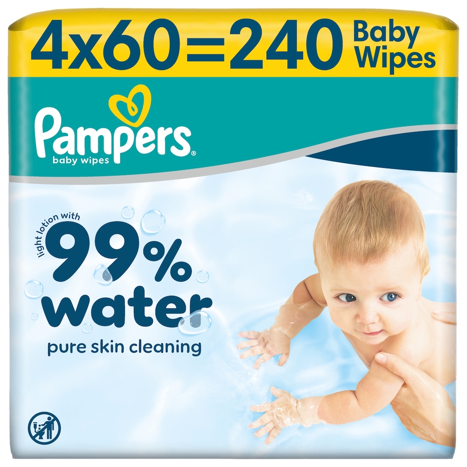 image 1 of Pampers 99% Water Baby Wipes 4x 60 wipes