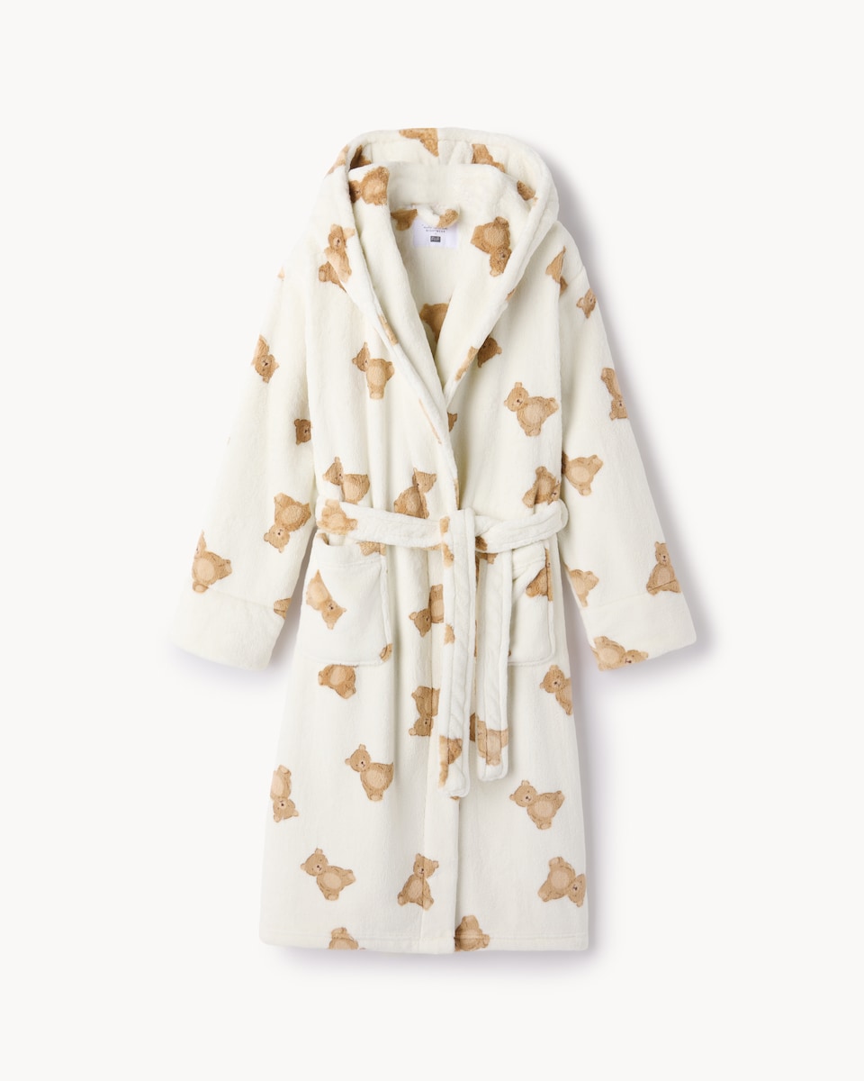 image 1 of F&F Fleece Teddy Hooded Dressing Gown in Cream