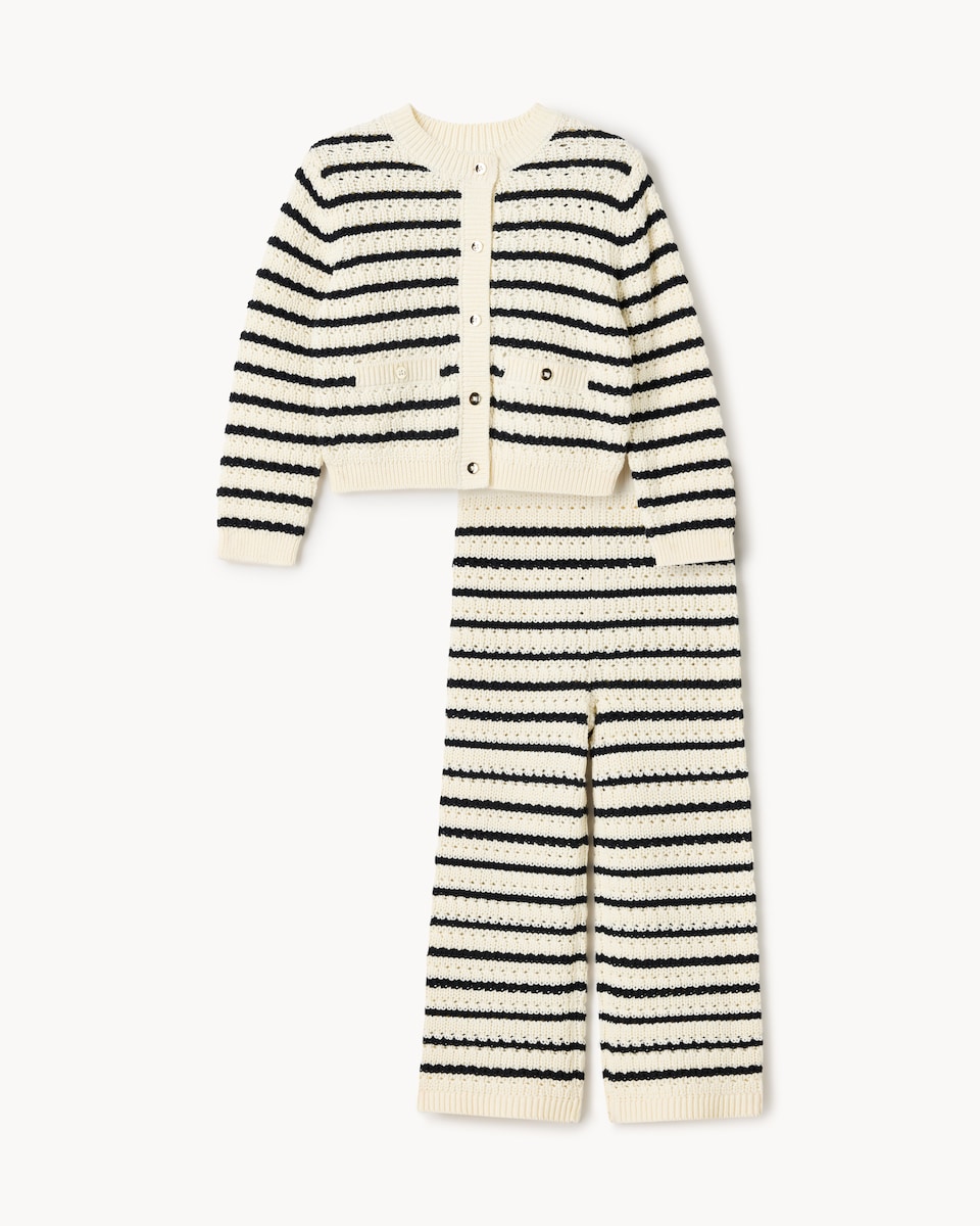 image 1 of F&F Girls Pure Cotton Striped Cardigan and Trousers Set in Multi White