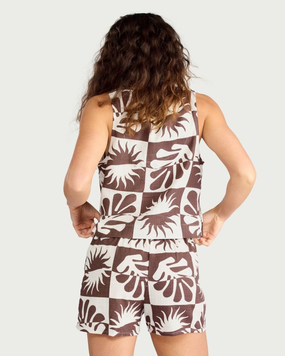 image 1 of F&F 2-Piece Palm Print Waistcoat Short Pyjama Set in Multi Brown