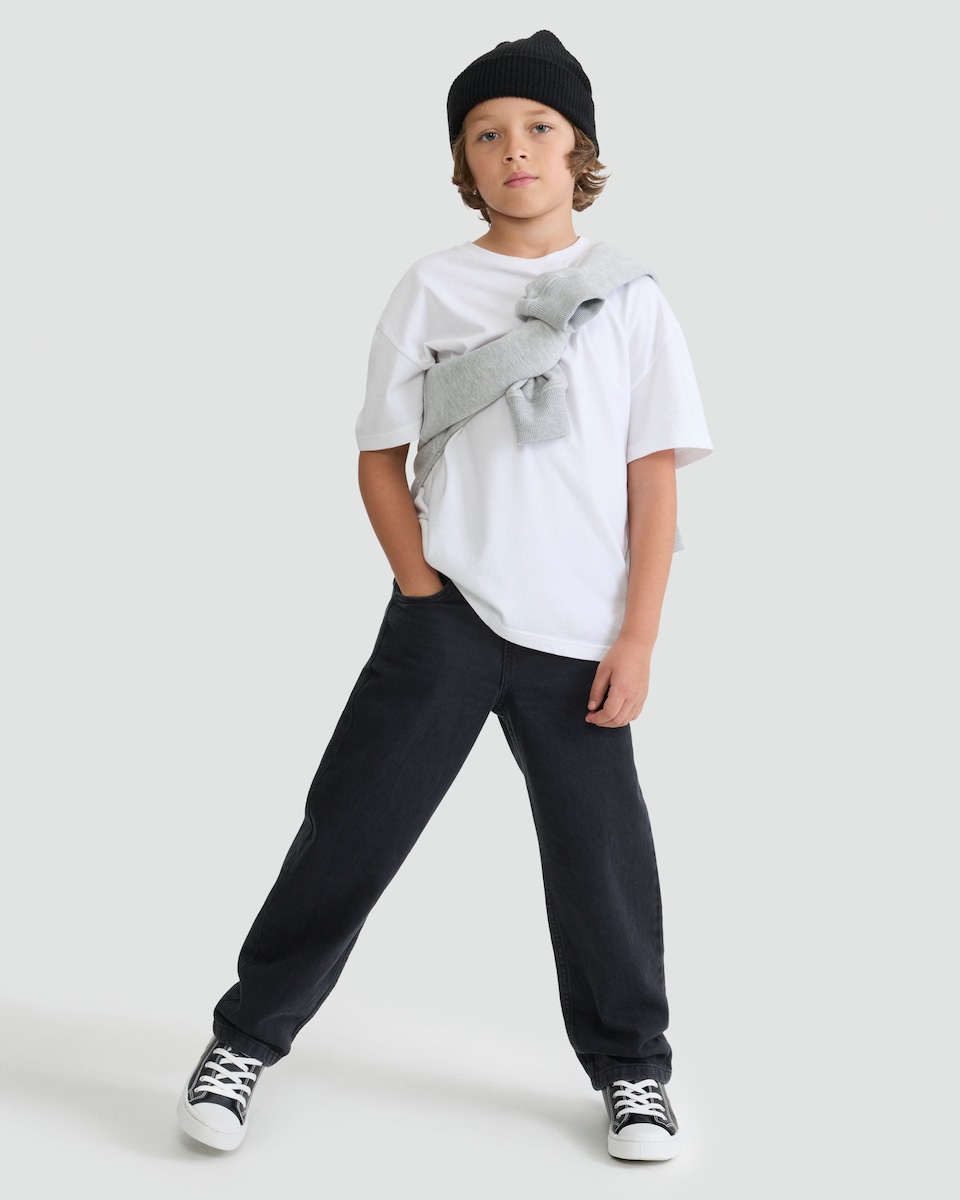 image 1 of F&F Boys Pure Cotton Straight Leg Denim Jeans in Black