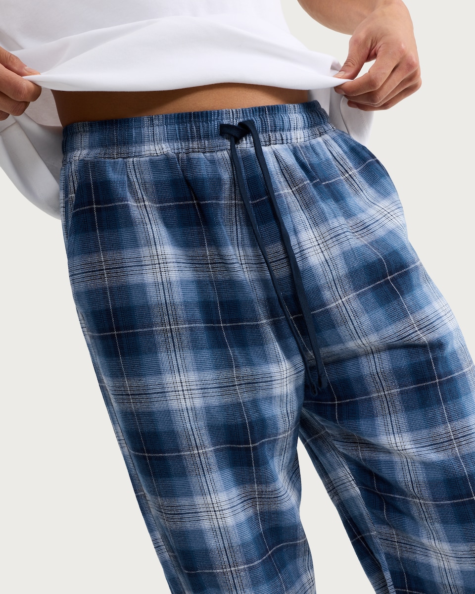 image 1 of F&F Pure Cotton Brushed Check Print Pyjama Bottoms in Navy