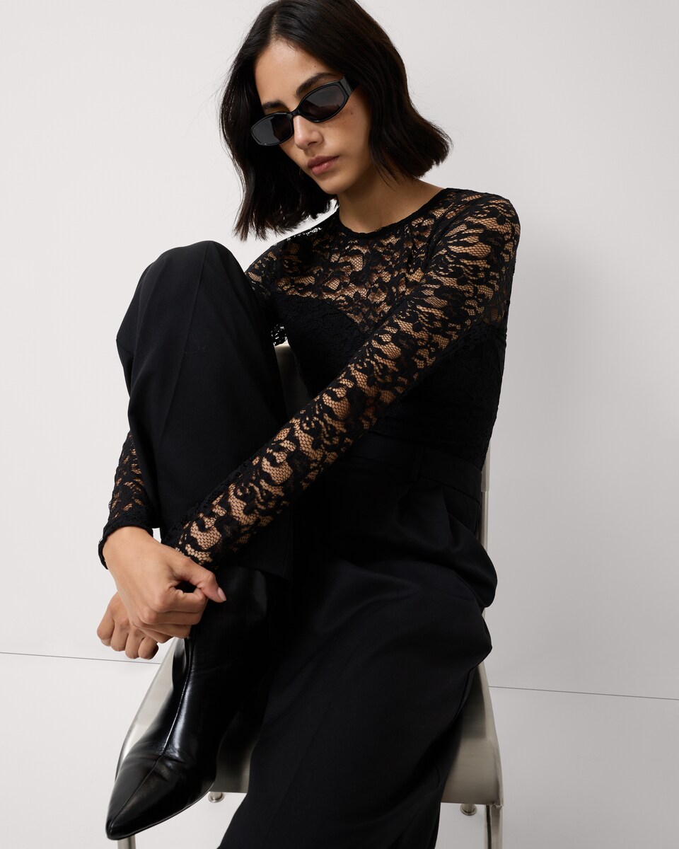 image 1 of F&F Lace Long Sleeved Bodysuit in Black