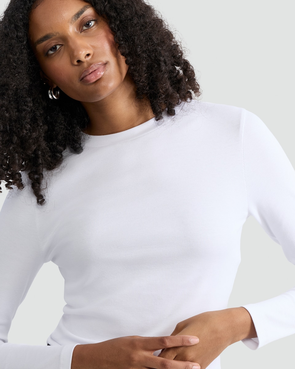 image 1 of F&F Cotton Rich Crew Neck Long Sleeved Top in White