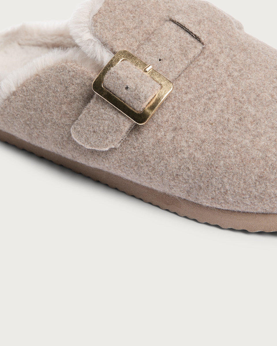 image 1 of F&F Faux Fur Lined Buckle Footbed Slippers in Mink