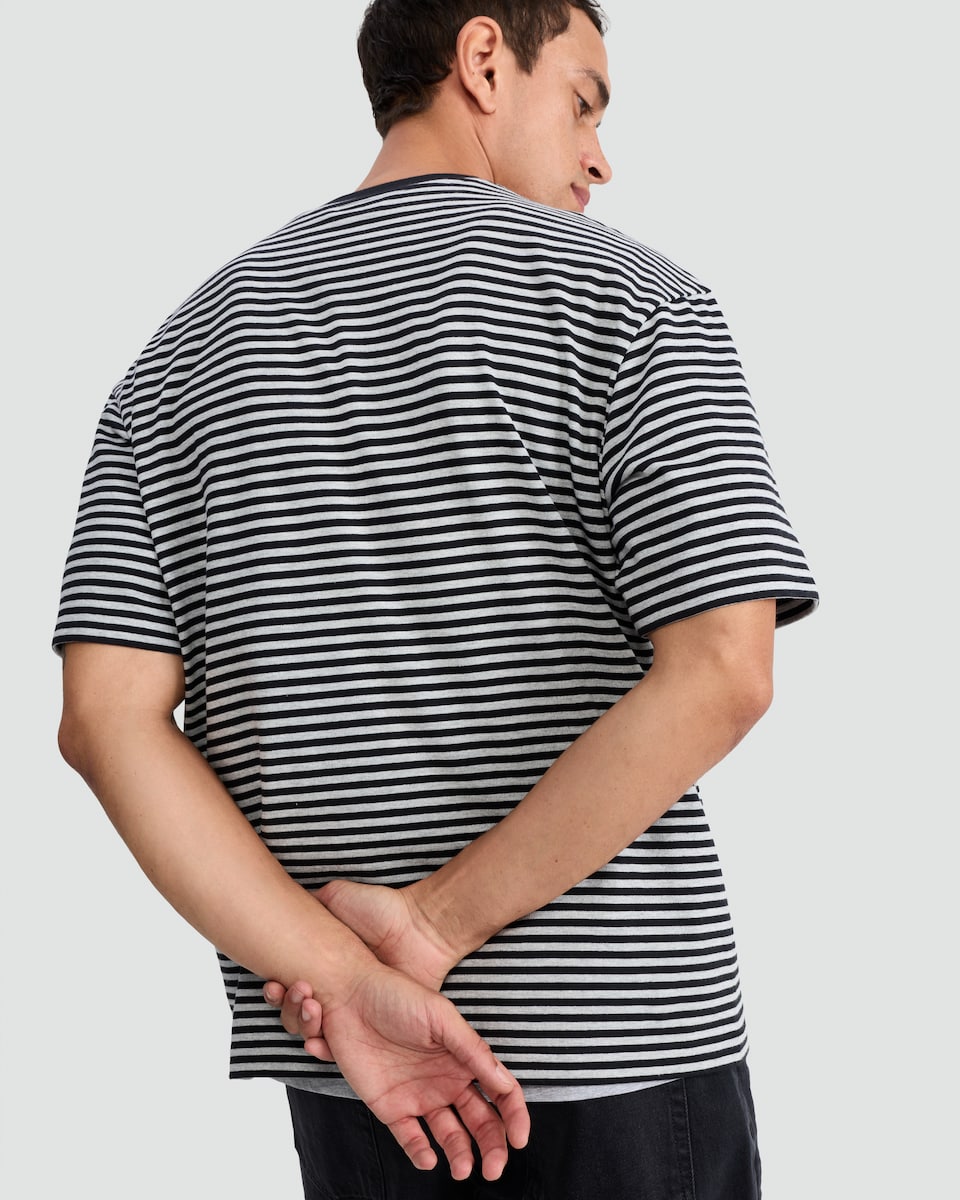 image 1 of F&F Pure Cotton Heavyweight Stripe Print T-Shirt in Grey Marl