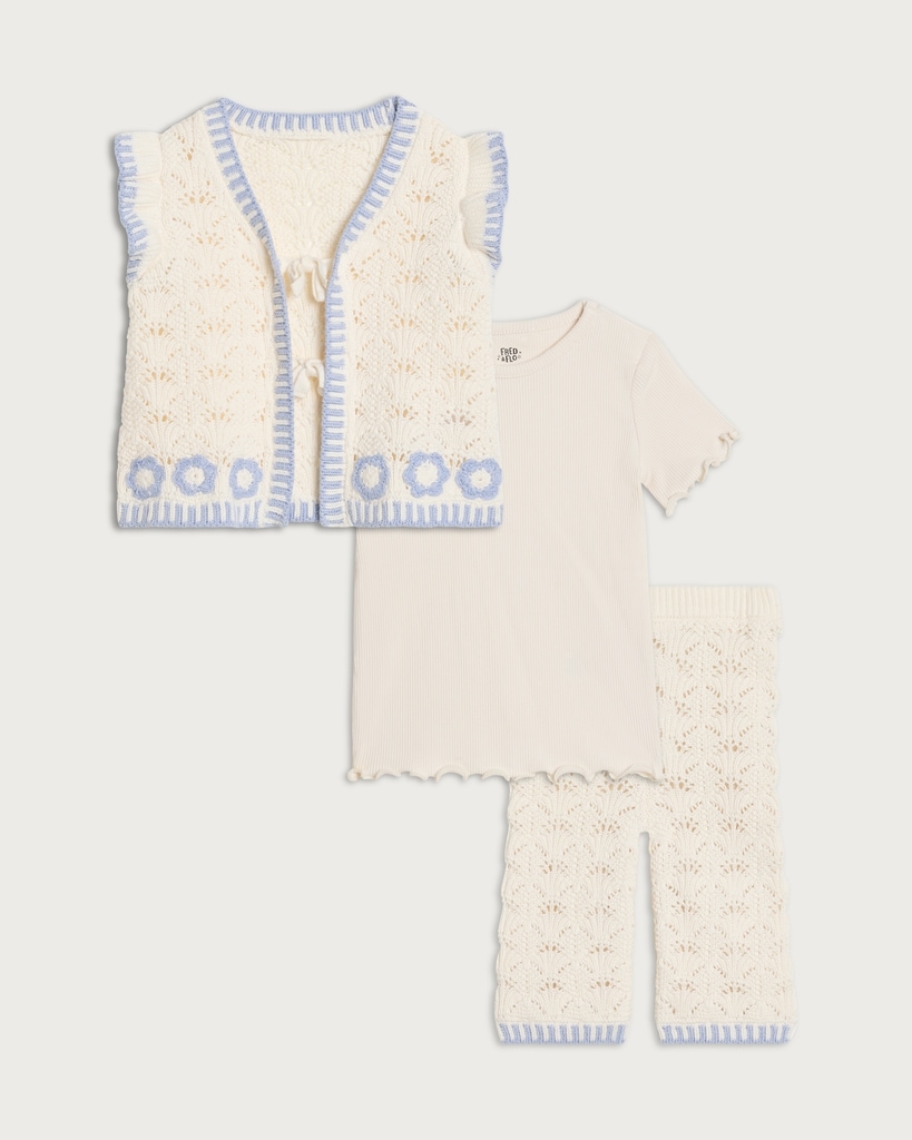 F&F Baby 3-Piece Pure Cotton Open Knit Waistcoat, T-Shirt and Bottoms in Cream