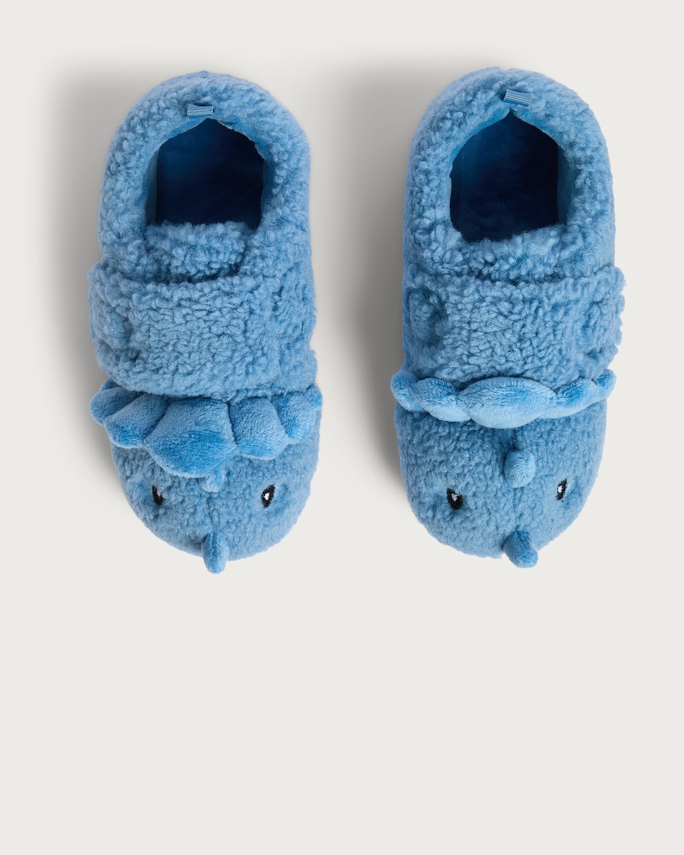 image 1 of F&F Boys Fleece Textured Triceratops Slippers in Blue
