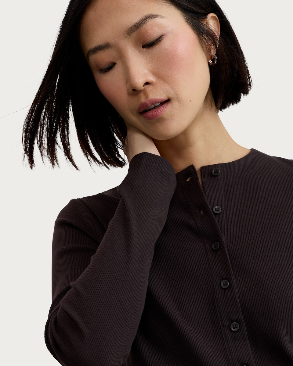 image 1 of F&F Cotton Rich Ribbed Button Up Top in Brown