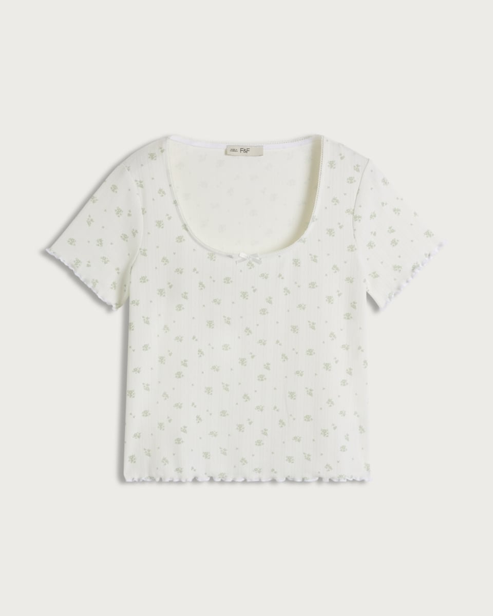 image 1 of F&F Pointelle Floral Print Short Sleeved Pyjama Top in White