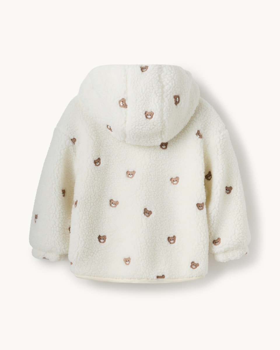 image 1 of F&F Girls Borg Bear Embroidered Hooded Jacket in Cream