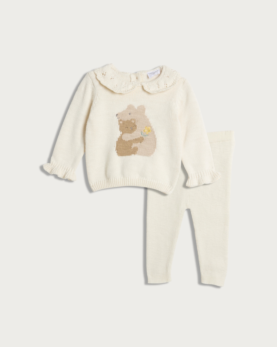 image 1 of F&F Baby 2-Piece Pure Cotton Knitted Bear Frill Jumper and Leggings Set in Cream