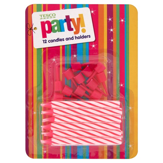 Tesco Pink Candy Stripe 12 Candles & Holder Tesco Groceries