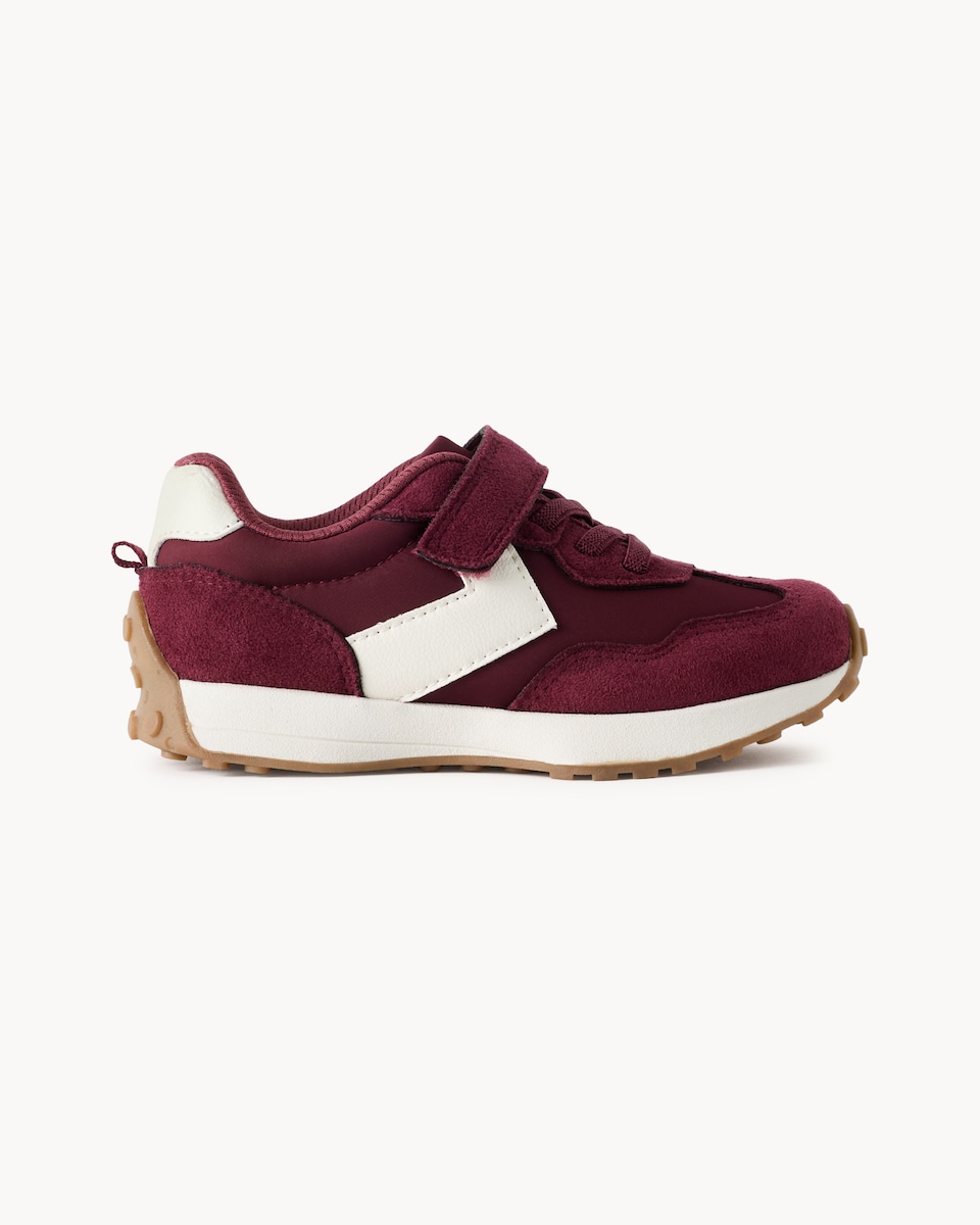 image 1 of F&F Girls Faux Suede Panelled Trainers in Burgundy