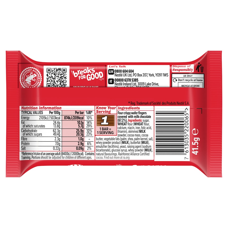 image 1 of Kit Kat 4 Finger Milk Chocolate Bar 41.5g