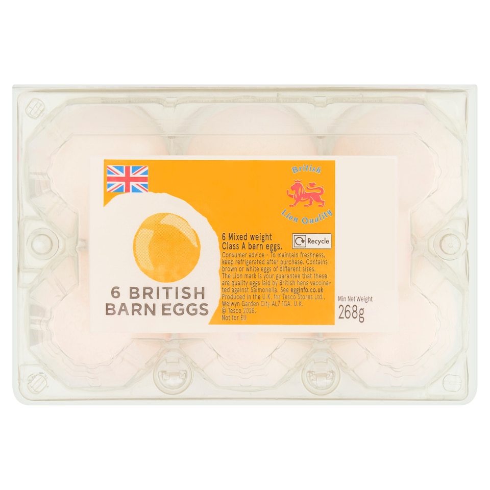 Tesco 6 Mixed Weight Barn Eggs 268g