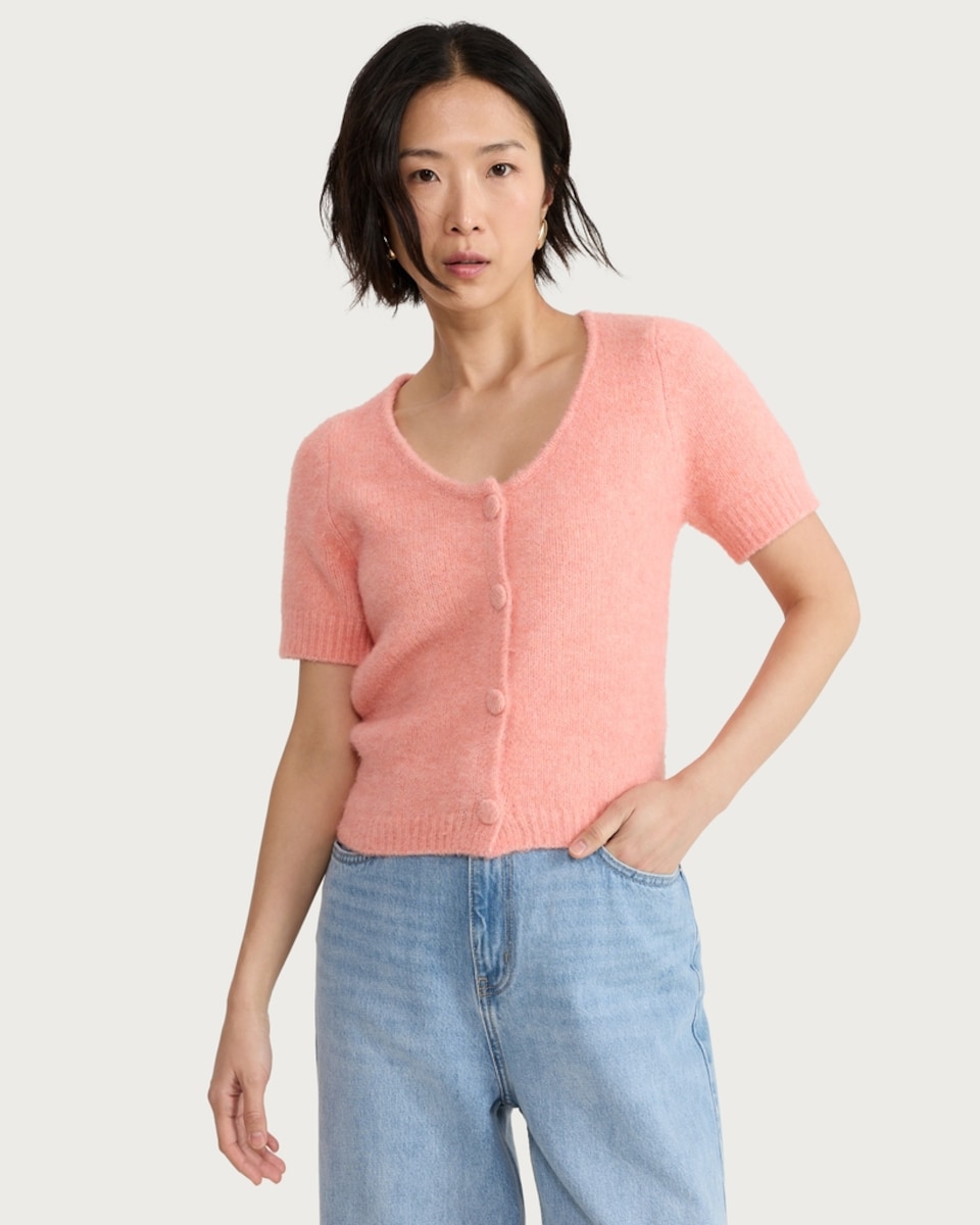 image 1 of F&F Knitted Button Up Short Sleeved Cardigan in Peach