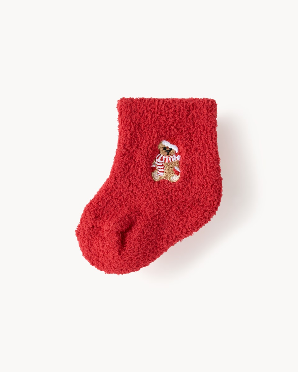 Christmas Baby Embroidered Teddy Cosy Socks in Red