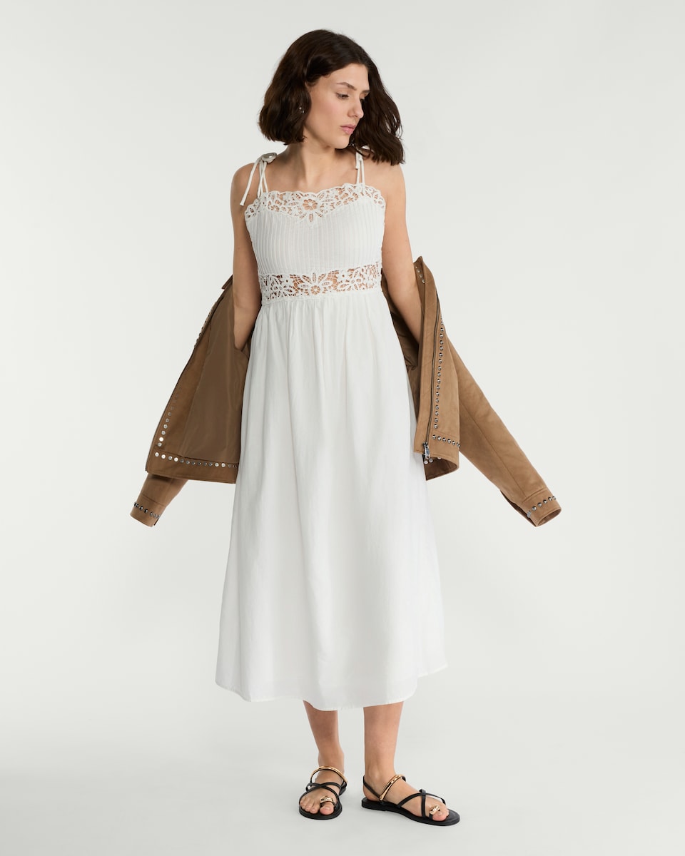 image 1 of F&F Pure Cotton Embroidered Tie Strap Midi Dress in White