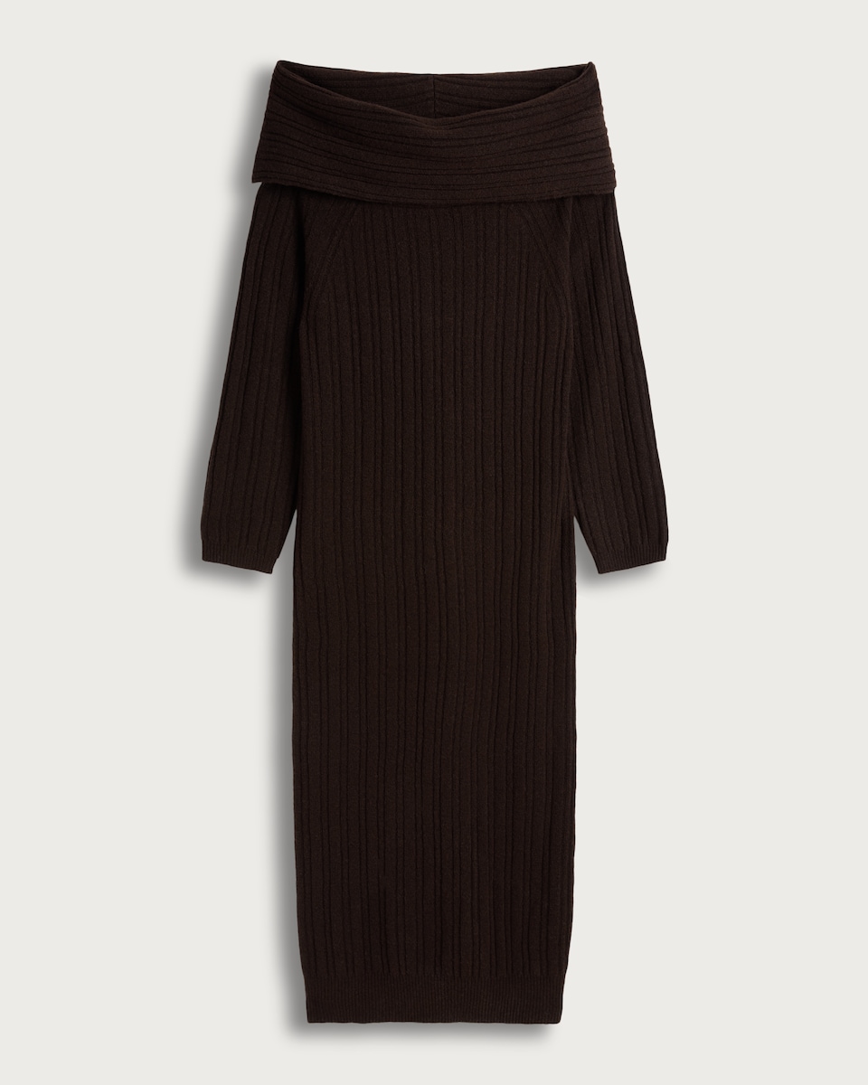 image 1 of F&F Ribbed Knit Bardot Midi Dress with Wool in Brown