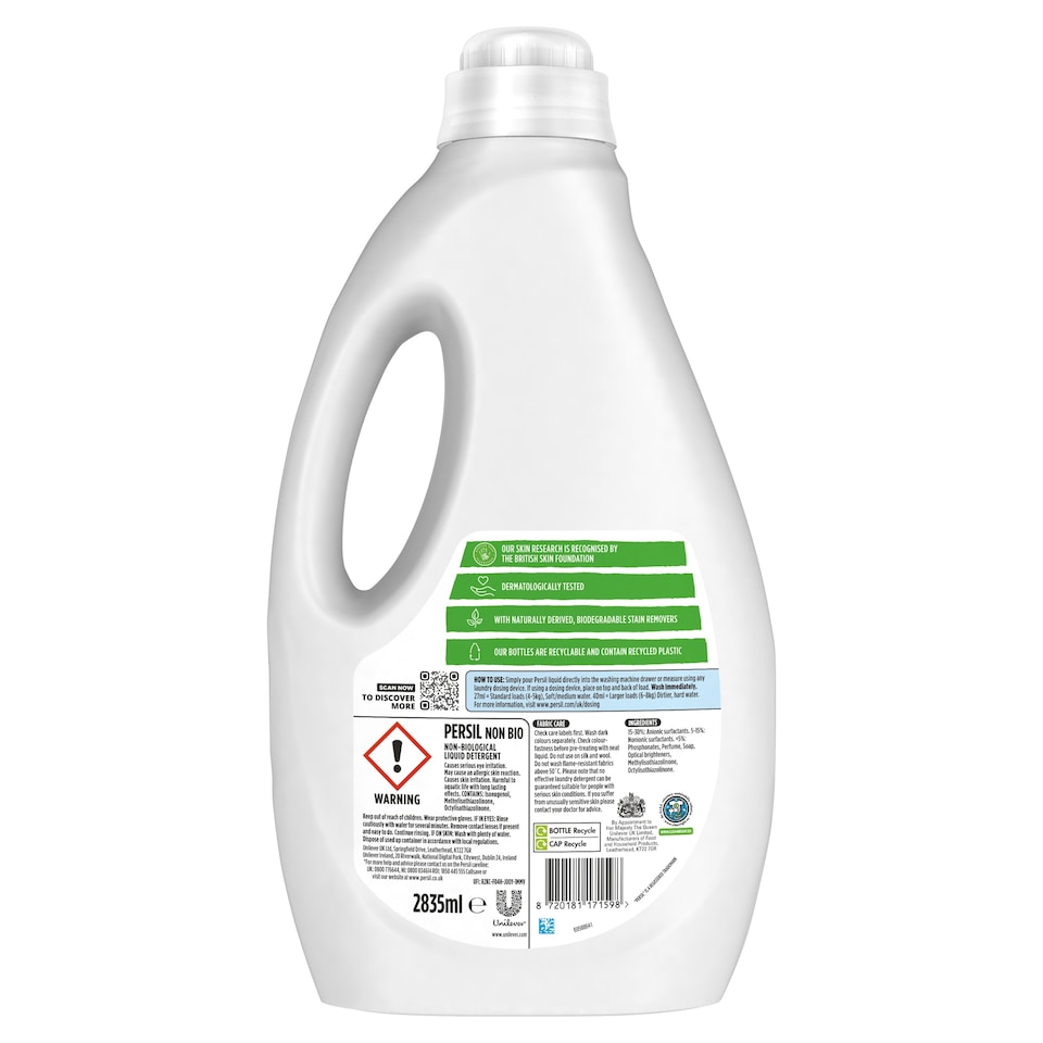 image 1 of Persil Non Bio Laundry Washing Liquid Detergent 105 Washes 2835ml