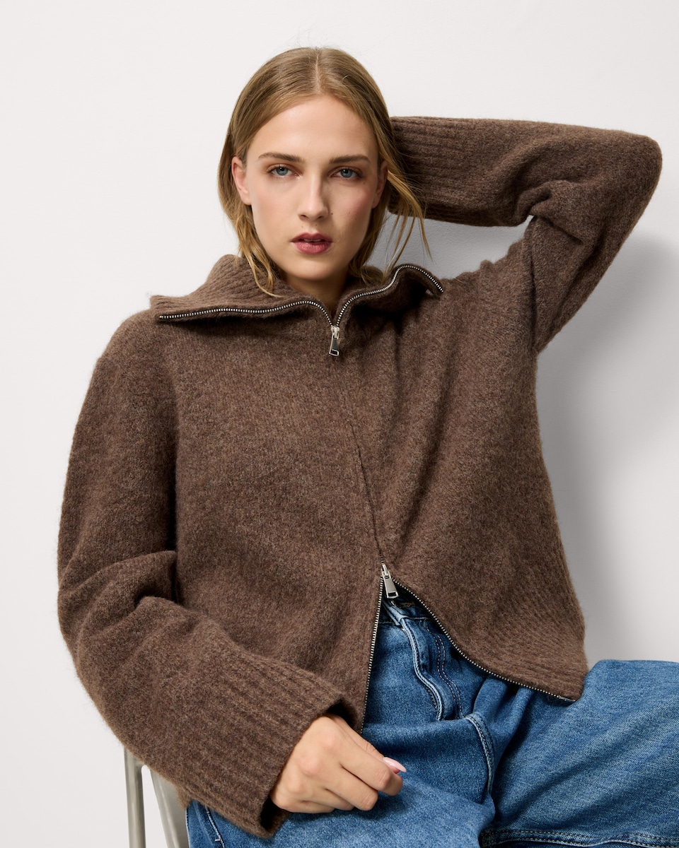 image 1 of F&F Roll Neck Zip Up Cardigan with Wool in Mink