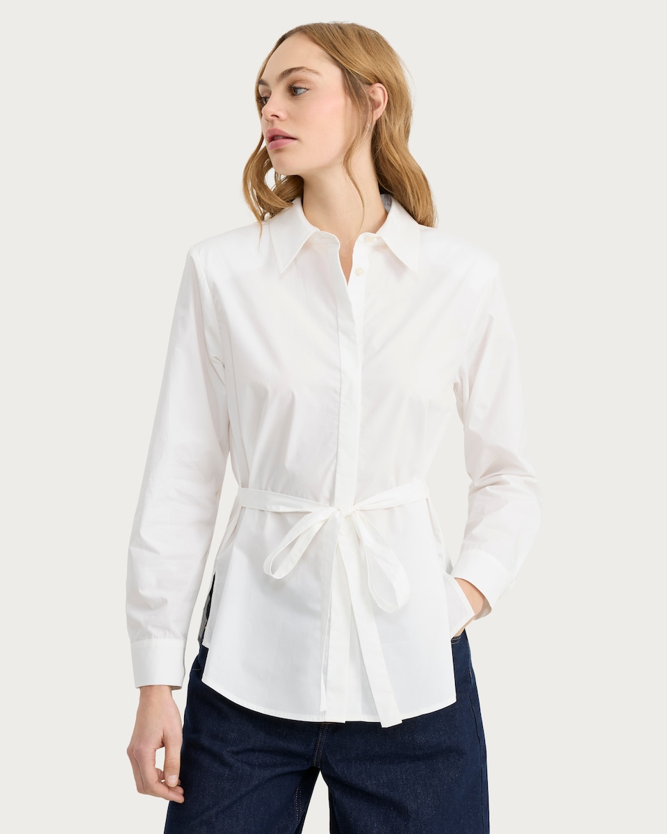 image 1 of F&F Pure Cotton Belted Long Sleeved Shirt in White