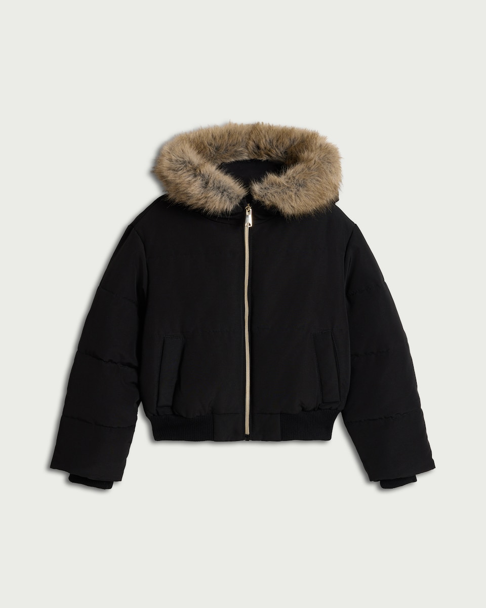 image 1 of F&F Girls Shower Resistant Faux Fur Trim Hooded Puffer Coat in Black