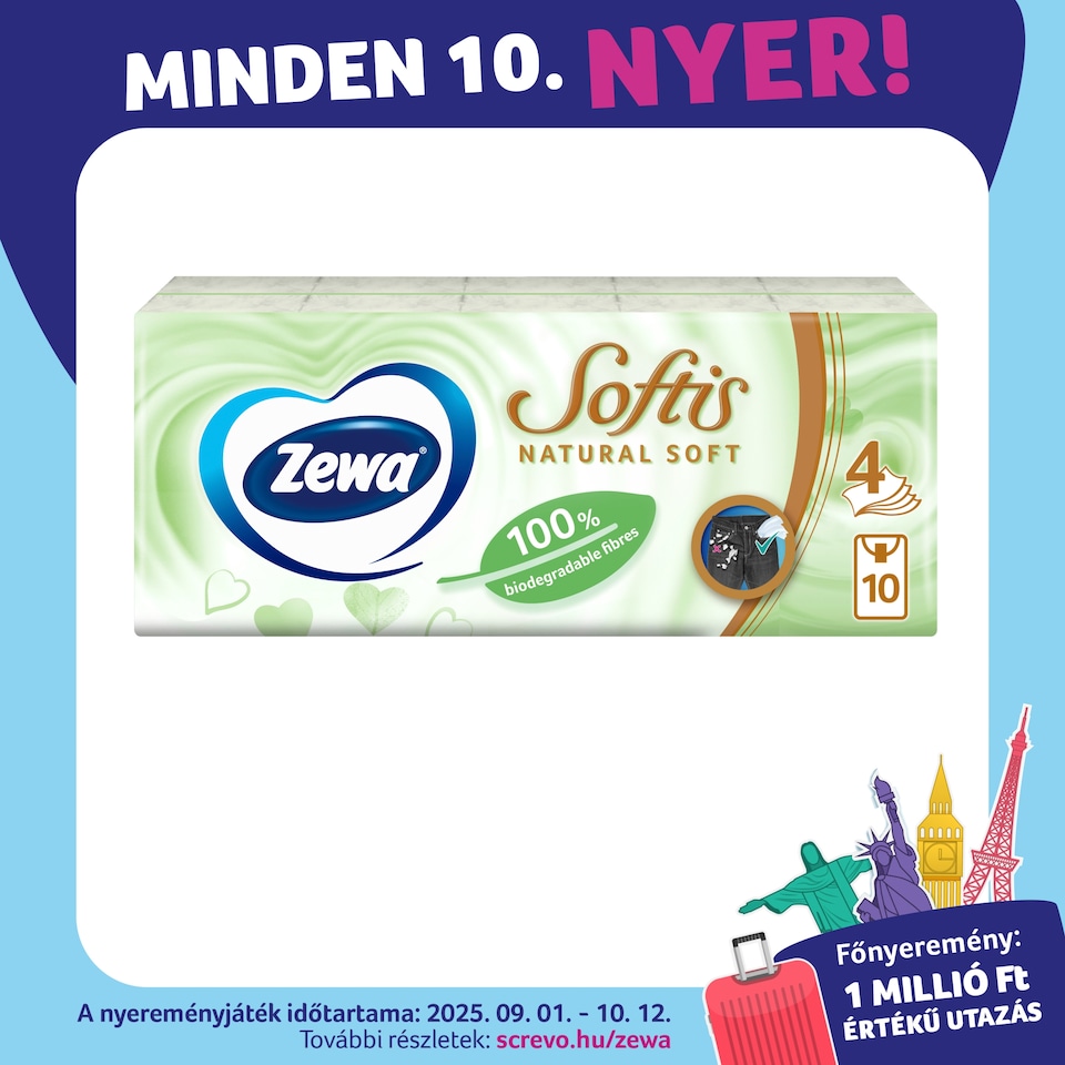 Zewa Softis Natural Soft illatmentes papír zsebkendő 4 rétegű 10 x 9 db  1. kép