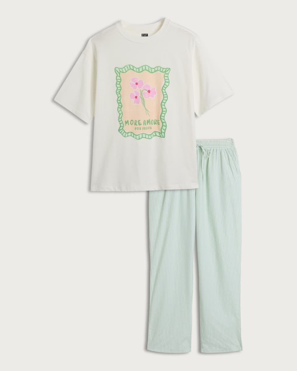 image 1 of F&F 2-Piece More Amore Print Pyjama Set in Multi Green