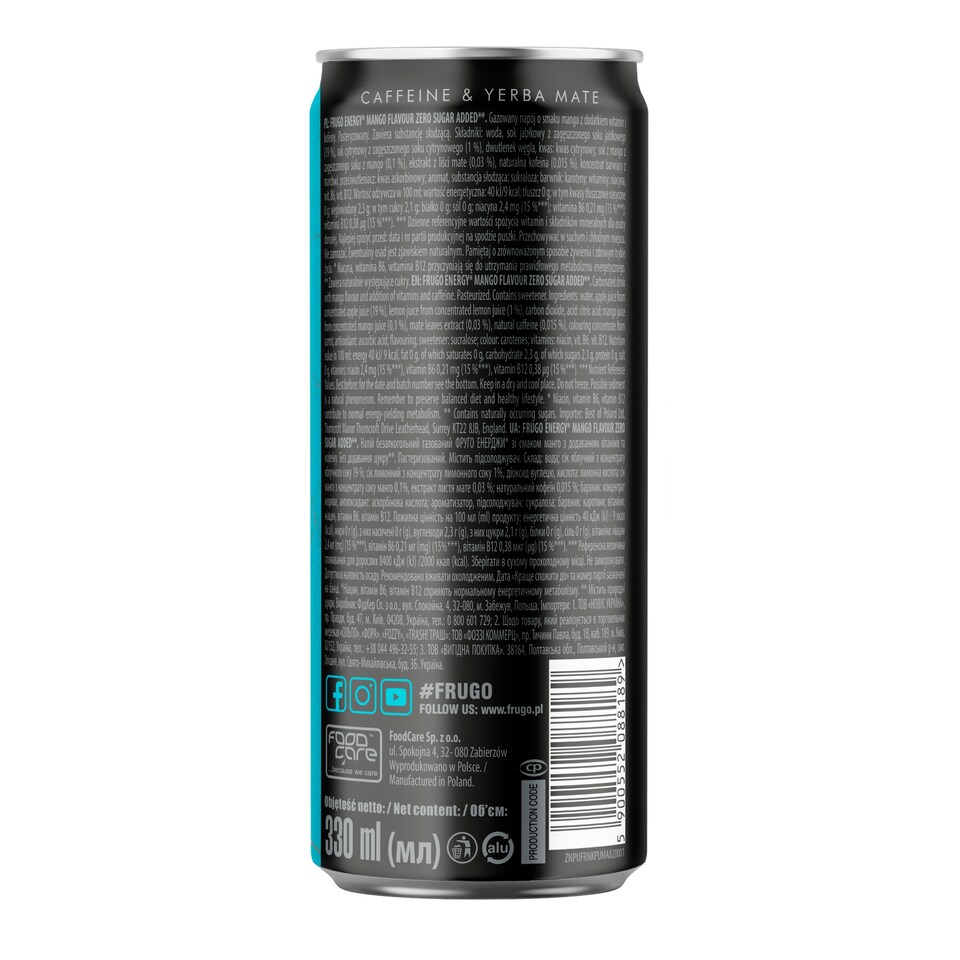 image 1 of Frugo Energy Drink - Mango Zero Sugar 330ml