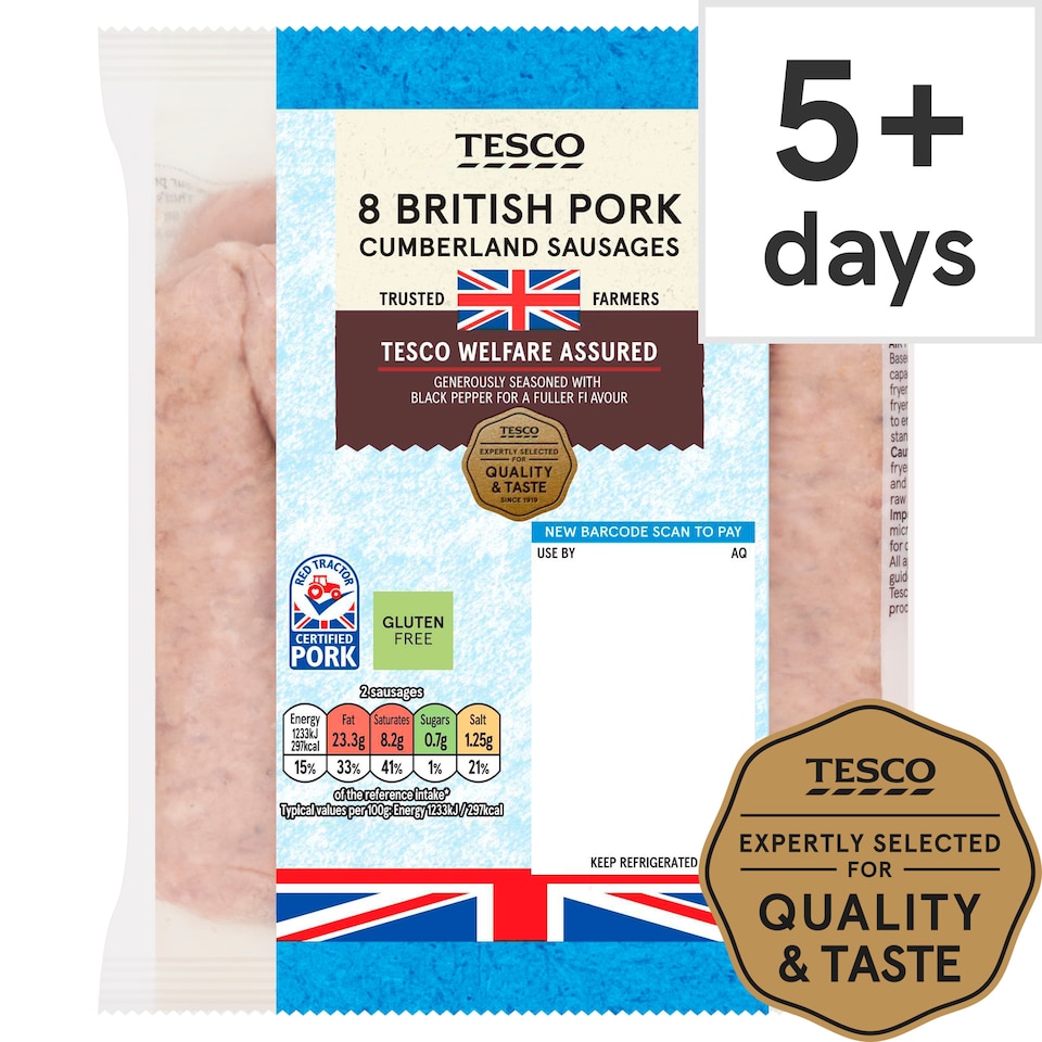 Tesco British Cumberland Sausages 8 Pack 454G