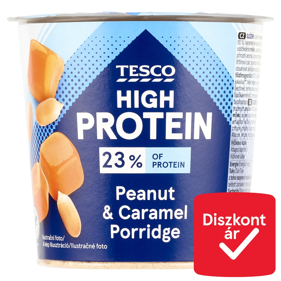 Tesco High Protein instant földimogyorós zabkása, pörkölt földimogyoró- és karamelldarabokkal 65 g