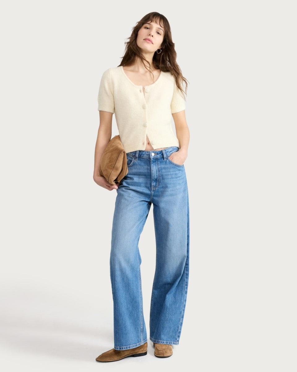 image 1 of F&F Knitted Button Up Short Sleeved Cardigan in Yellow