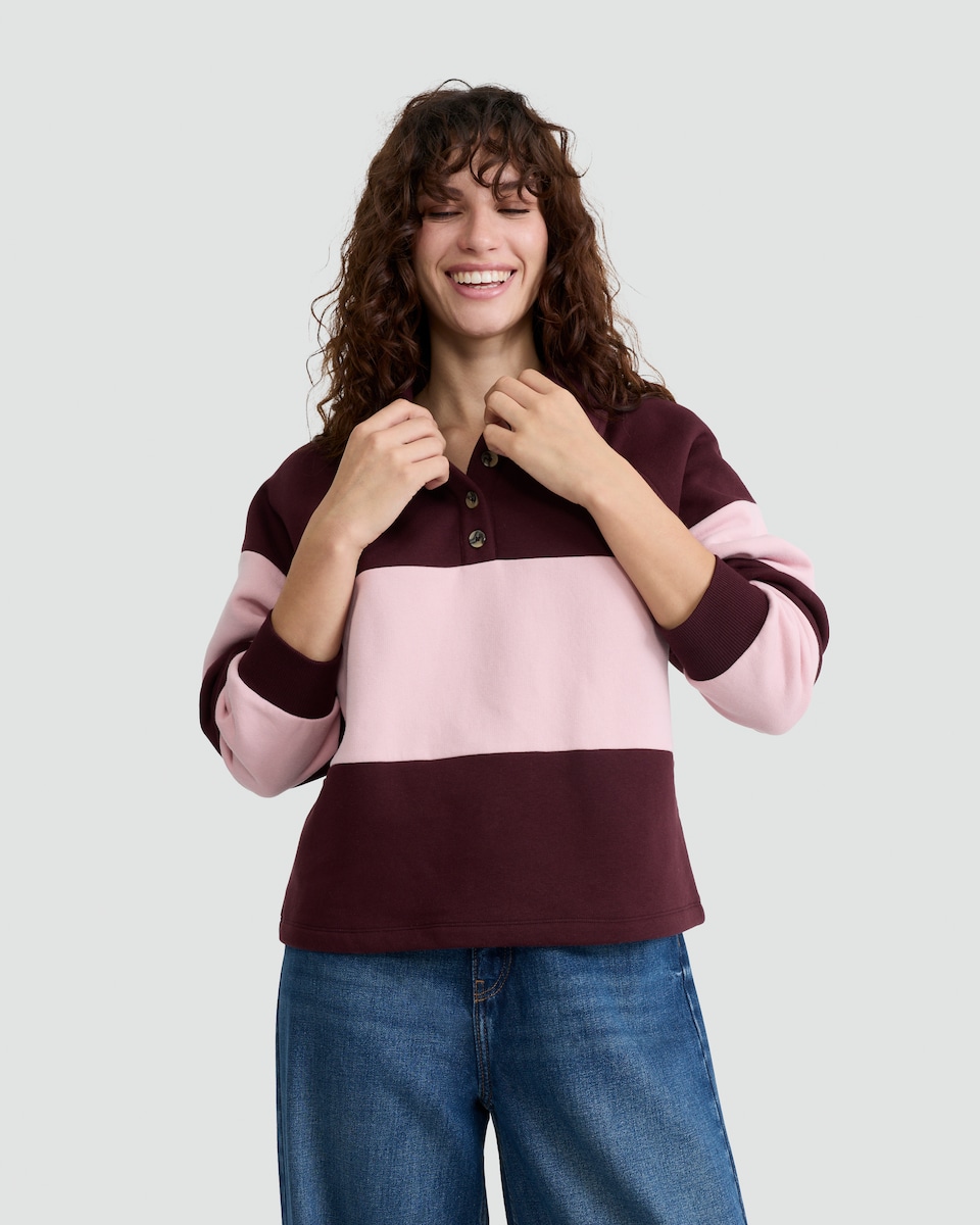 image 1 of F&F Cotton Rich Stripe Print Collared Rugby Sweatshirt in Multi Pink