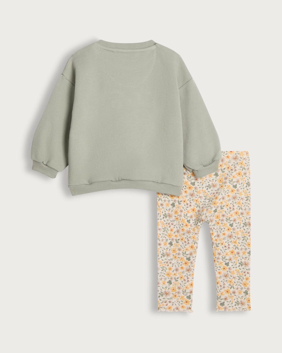 image 1 of F&F Baby 2-Piece Cotton Rich Cosy Floral Sweatshirt and Leggings Set in Green