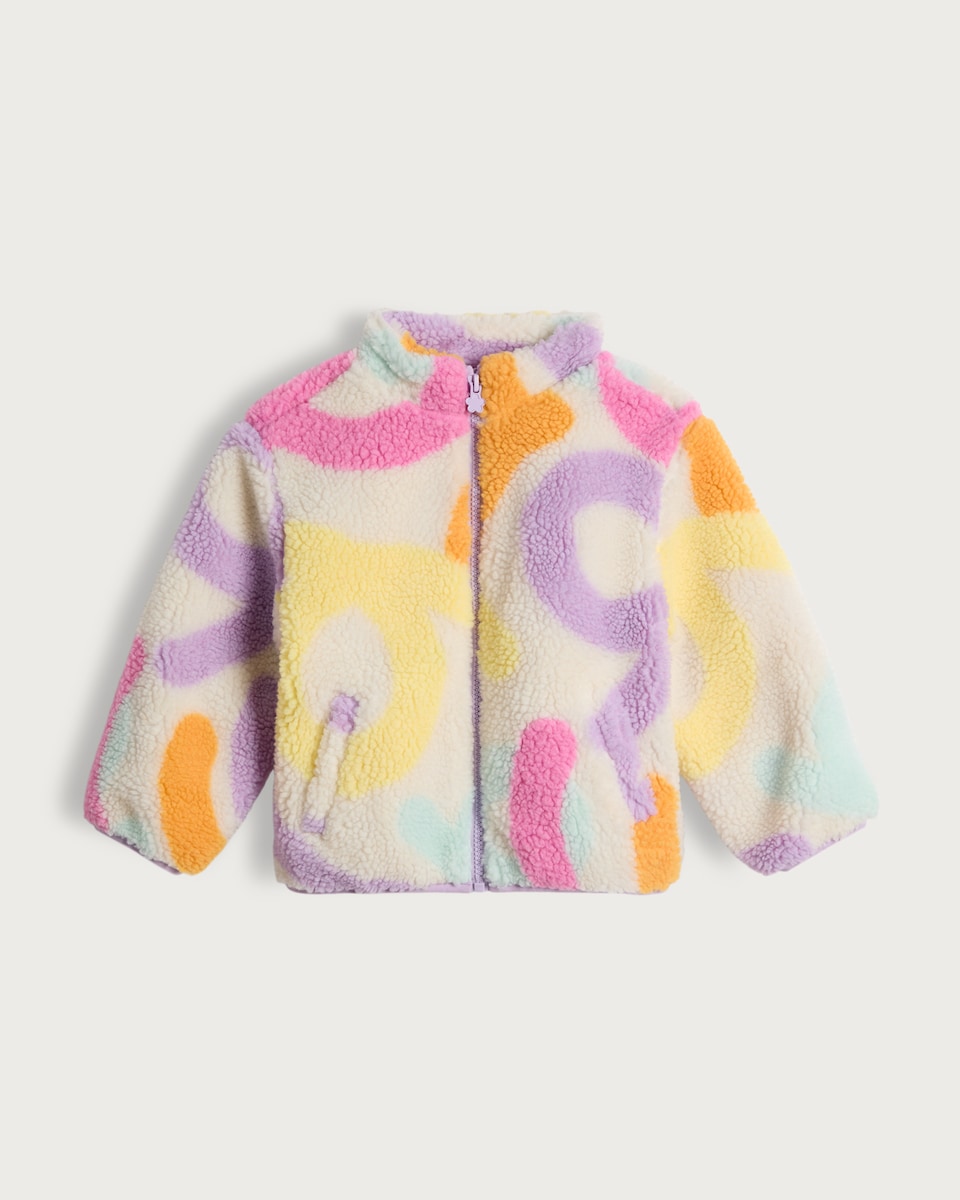 image 1 of F&F Girls Squiggle Print Textured Borg Jacket in Multi