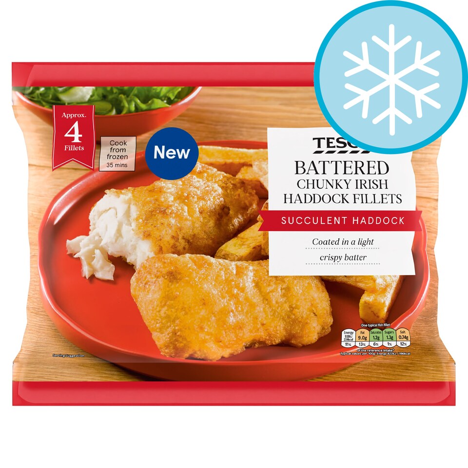 Tesco Battered Chunky Irish Haddock Fillets 500G Tesco Groceries
