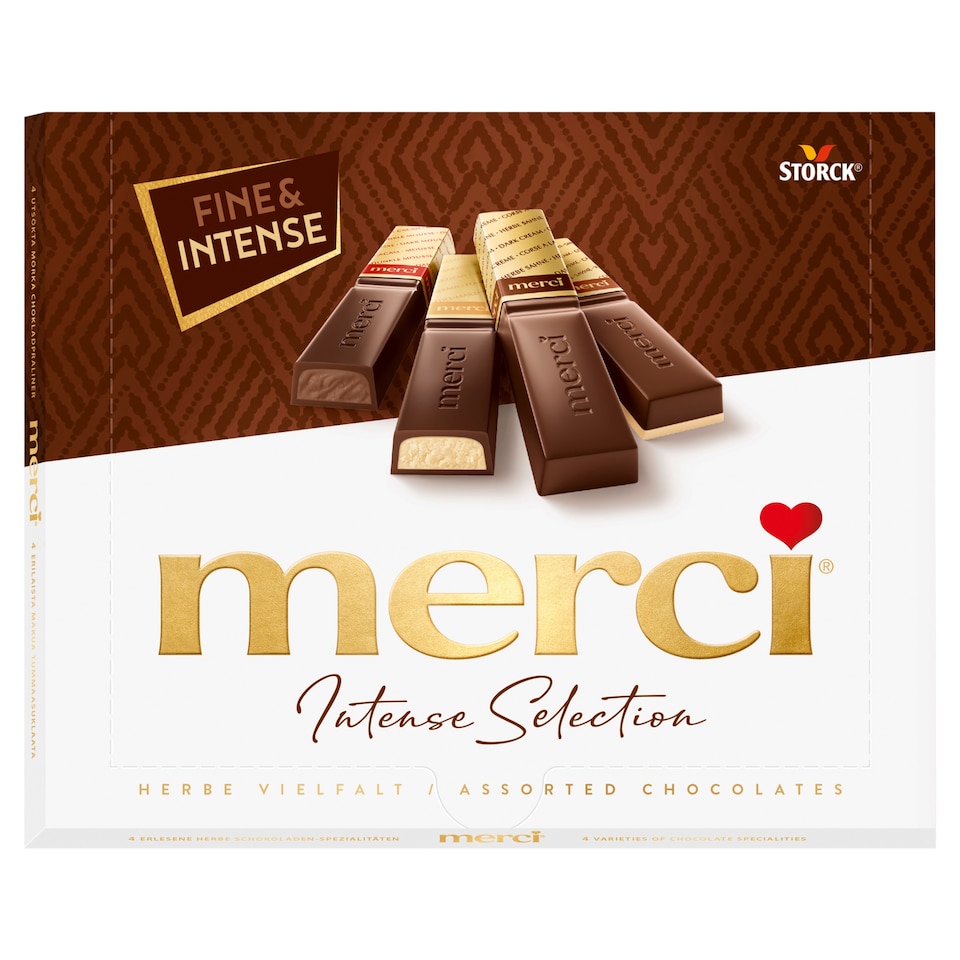 merci Intense Selection výber plnených a neplnených praliniek prevažne z horkej čokolády 250 g