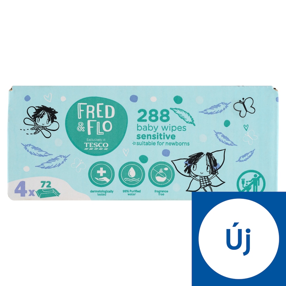 Fred & Flo illatmentes, nedves babatörlőkendők érzékeny bőrre 4 x 72 db  1. kép