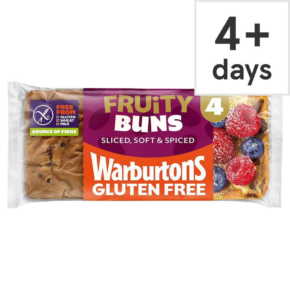 Warburtons Gluten Free Cinnamon & Raisin Sliced Fruity Buns 4 Pack
