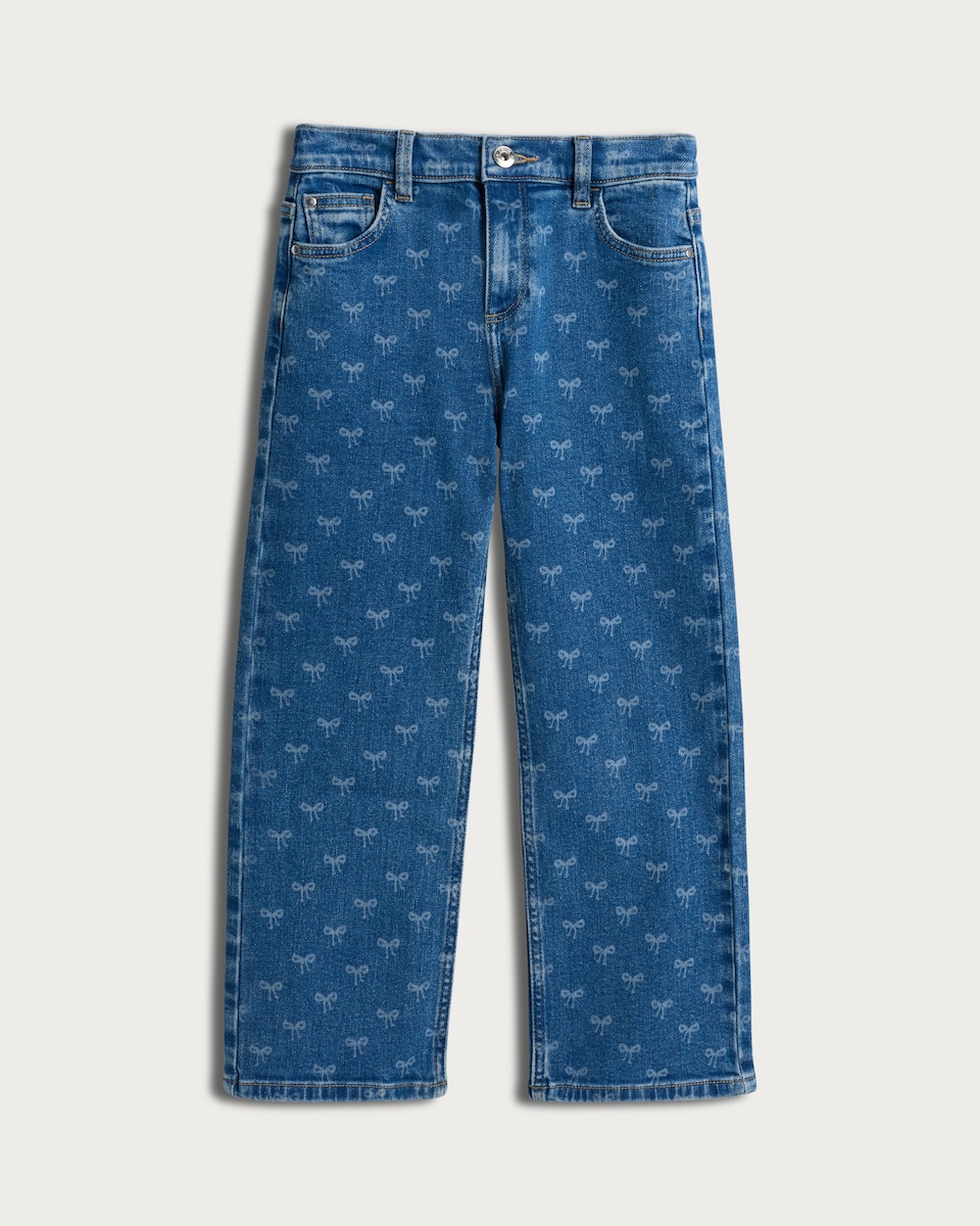image 1 of F&F Girls Pure Cotton Bow Print Wide Leg Jeans in Navy